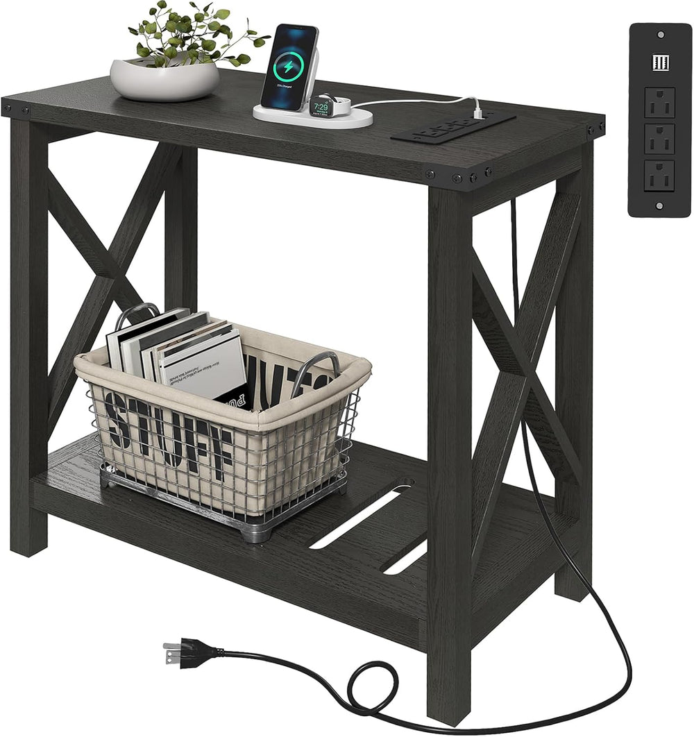 Hadulcet Farmhouse Side Table with Charging Station - Narrow Bedside Table fo...