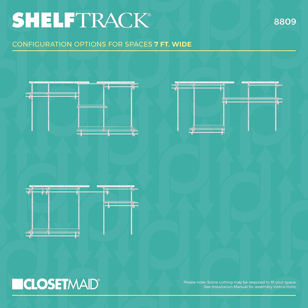 ClosetMaid ShelfTrack Wire Closet Organizer System, Adjustable from 5 to 8 Ft., with Shelves, Clothes Rods, Hardware, Durable Steel, White