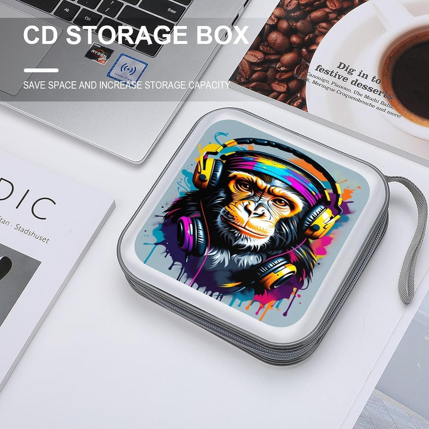 Watercolor Monkey CD DVD Case Holder, 40 Disc Storage Wallet with Exclusive Printed Design, Zipper Closure And Handle for Music Movies Games Travel Car