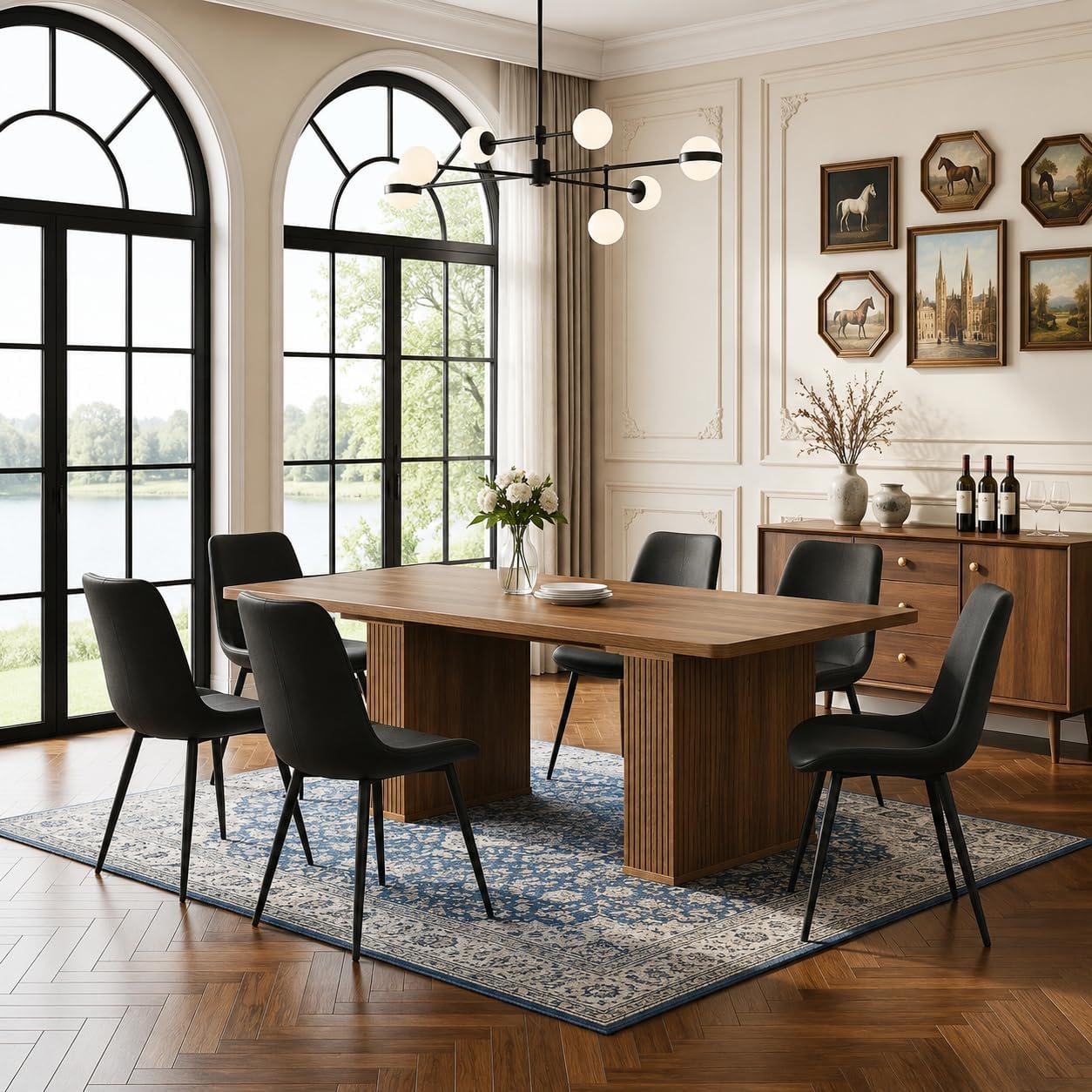 Extendable Dining Table Set for 6, 63-79 Inch Brown Kitchen Table Set with 6 Black Faux Leather Chairs,for Home,Kitchen Dining Room Farmhouse Wood Storage