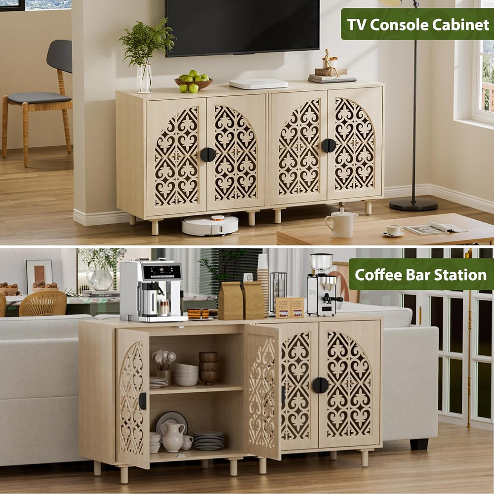 Set of 2 Sideboard Buffet Cabinet, Boho Storage Cabinet with Doors and Shelve...