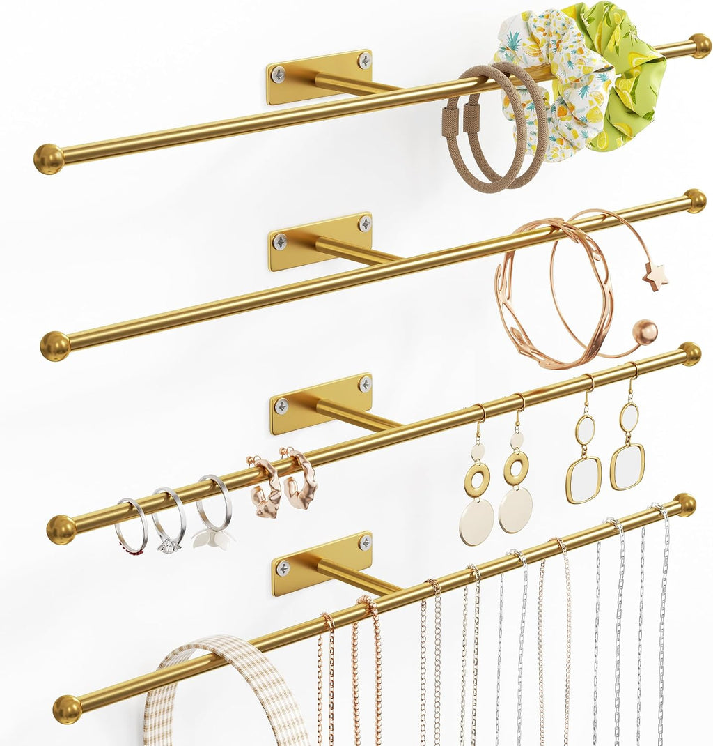 Wall Hanging Jewelry Organizer 12.6", Screws Included, Gold 4-Pack | for Earring, Bracelet, Rings, Hairband, Sunglasses