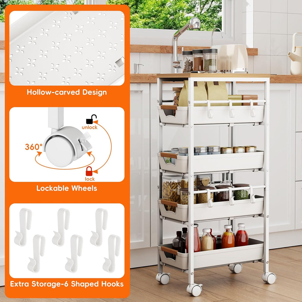 5-Tier Slim Storage Cart, Wooden Top Rolling Kitchen Cart with Pull-Out Baske...