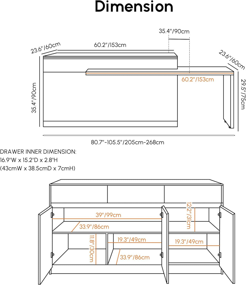 homary Extendable Kitchen Island, 81"-106" Kitchen Island Cabinet w...