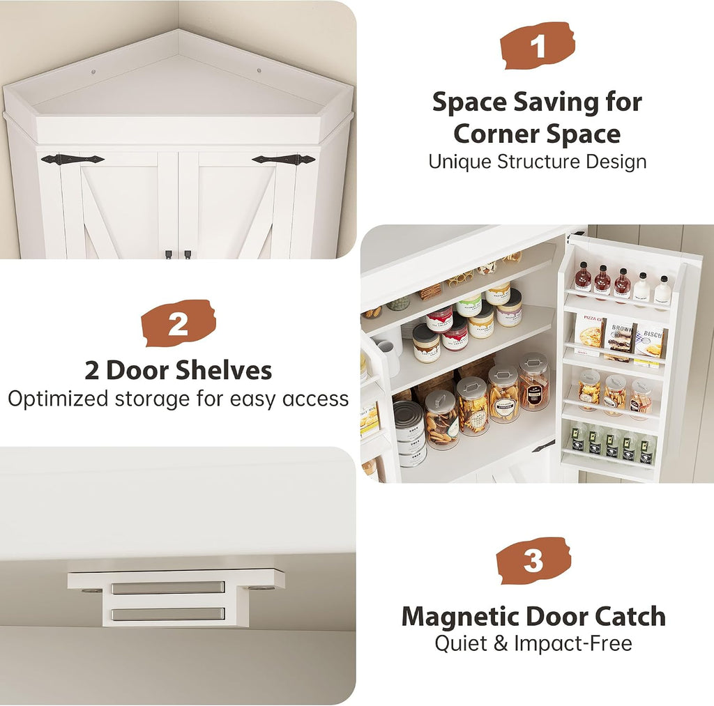 Jocoevol Corner Cabinet, Kitchen Pantry Storage Cabinet with 4 Doors and Shelves, Tall Food Pantry Storage Cabinet Farmhouse Furniture for Kitchen Dining Room, White