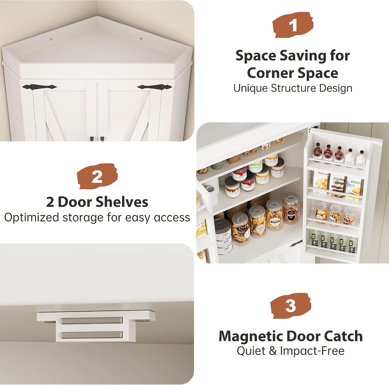 Jocoevol Corner Cabinet, Kitchen Pantry Storage Cabinet with 4 Doors and Shelves, Tall Food Pantry Storage Cabinet Farmhouse Furniture for Kitchen Dining Room, White