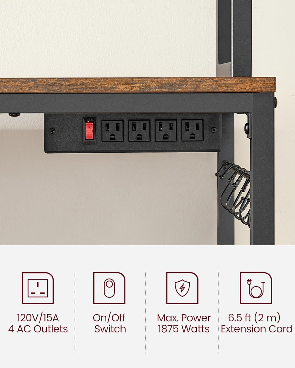 VASAGLE Bakers Rack with Power Outlet, Microwave Stand, Kitchen Tall Utility Storage Shelf, with Metal Wire Panel, 14 Hooks, 15.7 x 23.6 x 66.9 Inches, Rustic Brown and Ink Black UKKS037B01