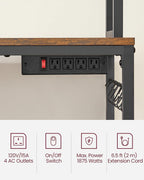 VASAGLE Bakers Rack with Power Outlet, Microwave Stand, Kitchen Tall Utility Storage Shelf, with Metal Wire Panel, 14 Hooks, 15.7 x 23.6 x 66.9 Inches, Rustic Brown and Ink Black UKKS037B01