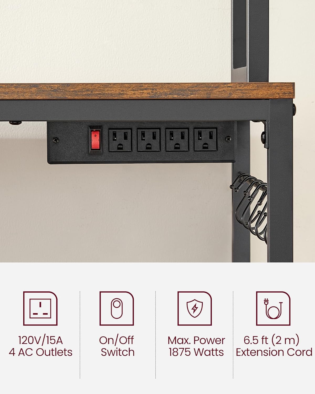 VASAGLE Bakers Rack with Power Outlet, Microwave Stand, Kitchen Tall Utility Storage Shelf, with Metal Wire Panel, 14 Hooks, 15.7 x 23.6 x 66.9 Inches, Rustic Brown and Ink Black UKKS037B01