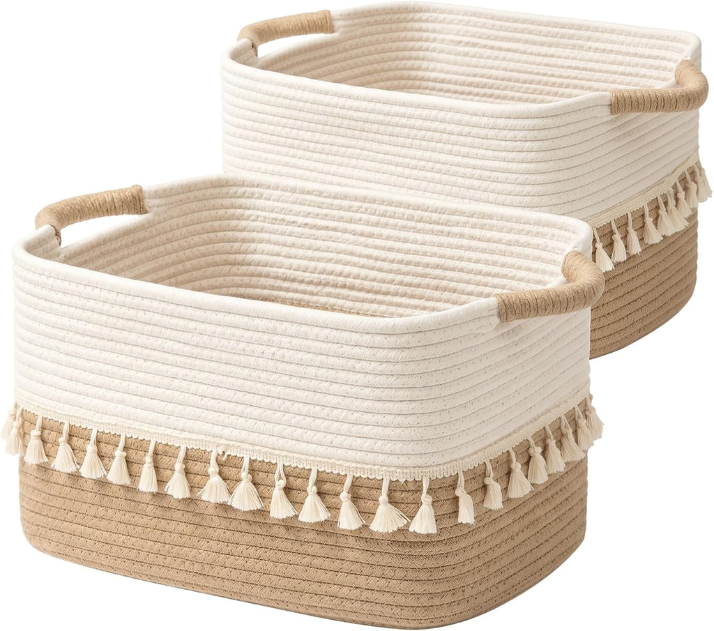 TeoKJ 2 Pack Woven Storage Bin, Cotton Rope Basket for Storage, Clothes Boho Basket Bin for Organizing, Fabric Basket for Books, Plants, Pet Treats, White & Jute