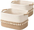 TeoKJ 2 Pack Woven Storage Bin, Cotton Rope Basket for Storage, Clothes Boho Basket Bin for Organizing, Fabric Basket for Books, Plants, Pet Treats, White & Jute