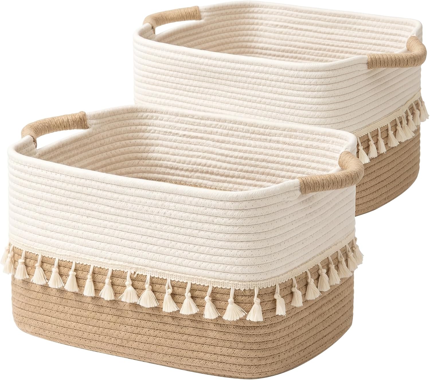 TeoKJ 2 Pack Woven Storage Bin, Cotton Rope Basket for Storage, Clothes Boho Basket Bin for Organizing, Fabric Basket for Books, Plants, Pet Treats, White & Jute