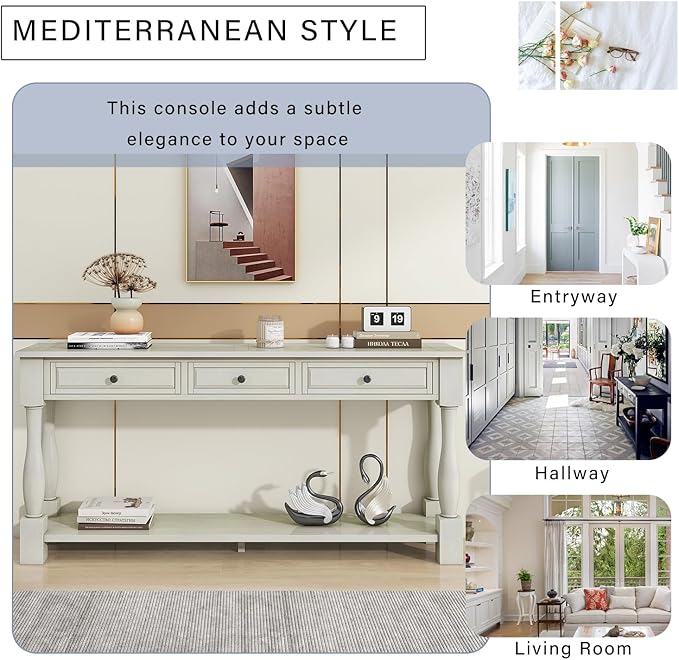Merax 64" Classic Wood Console Table with Drawers and Bottom Shelf for Entryway Hallway Living Room (Antique White)