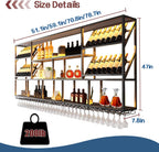 3 Tier Large Wine Rack Wall Mounted with Glass Holder, Black Modern Iron Liquor Shelf, 78.7 Inch Large Wine Bottle Display Shelf, for Kitchen Dining, Home Bar, Cellar (78.7" W)