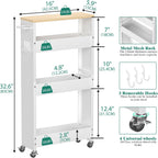 Slim Storage Cart, 4-Tier Kitchen Rolling Cart Narrow Storage Cabinet with Handle & Wheels, Metal Rolling Shelf Unit for Kitchen Bathroom Laundry Small Places (5.9IN White/Natural)