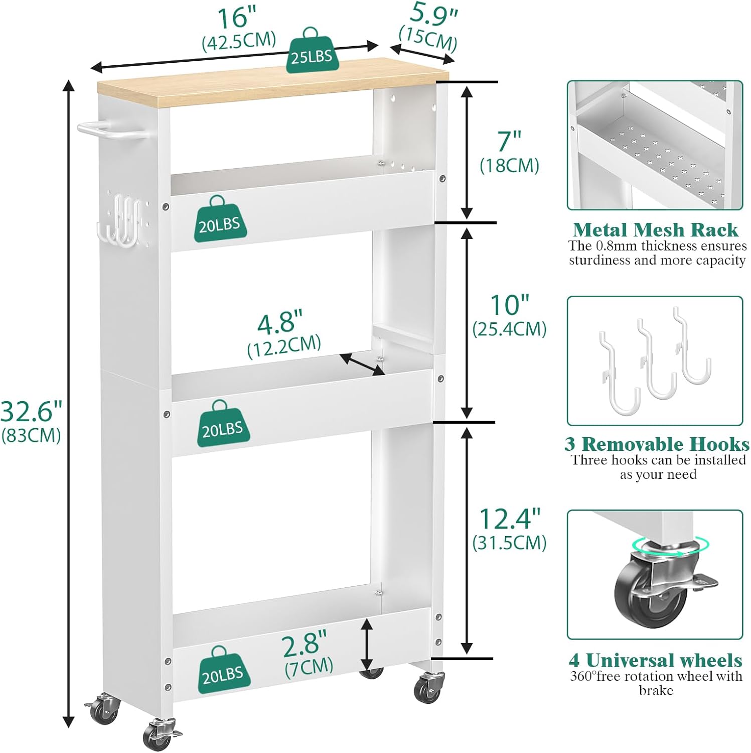 Slim Storage Cart, 4-Tier Kitchen Rolling Cart Narrow Storage Cabinet with Handle & Wheels, Metal Rolling Shelf Unit for Kitchen Bathroom Laundry Small Places (5.9IN White/Natural)