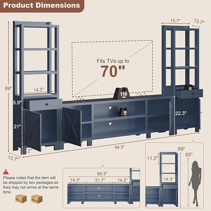 94" W Entertainment Center with Bookshelves & Storage, Large Wall Unit TV Stand for TVs up to 70", Modern White Wood Media Console with Power Hub for Living Room (Blue)