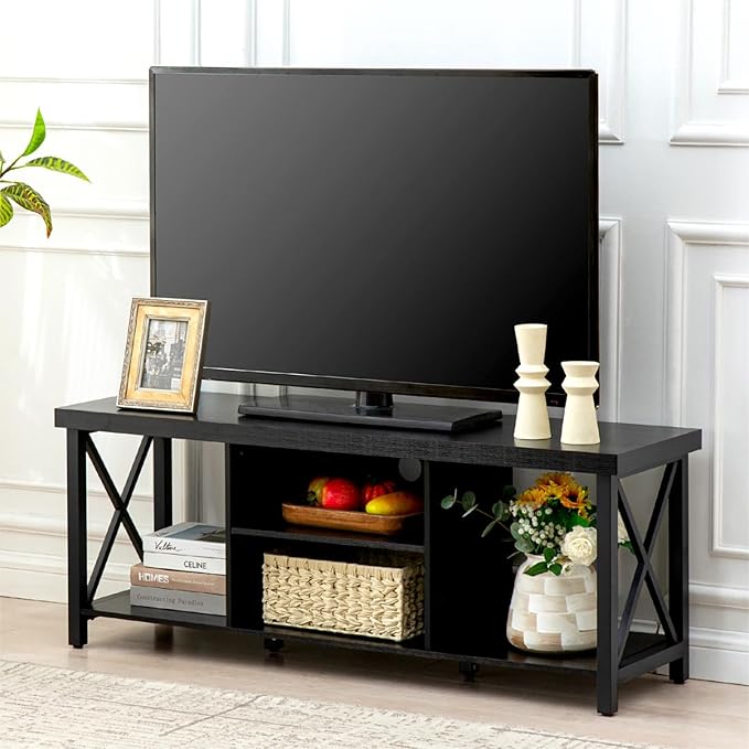 GAZHOME TV Stand for TV up to 55 Inches, TV Cabinet with Open Storage, TV Console Unit with Shelving for Living Room, Entertainment Room, Black