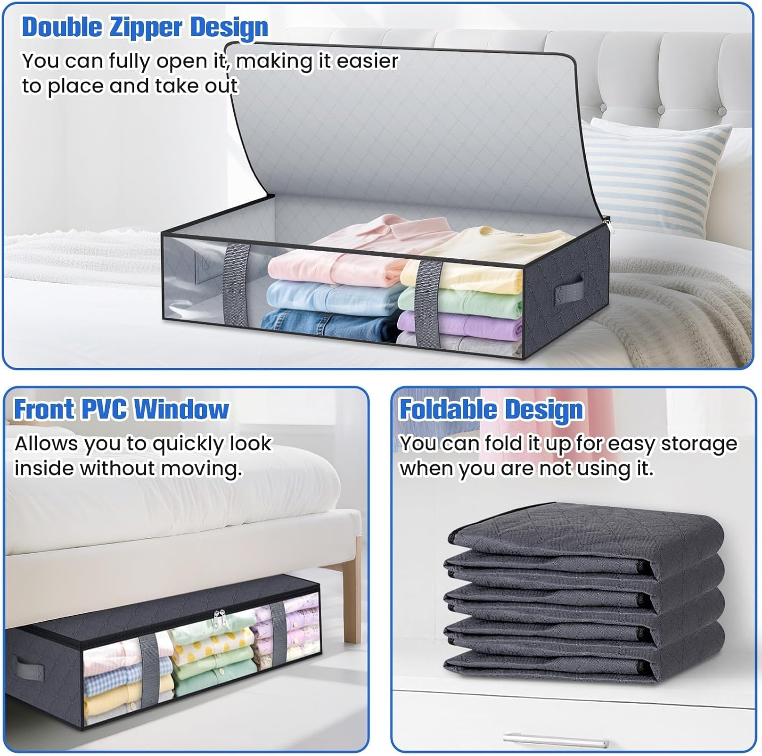 Under Bed Storage Containers, 4 Pack Blanket Storage Bags, Collapsible Storage Bags with Big Zippers, Clear Front, Shoe Storage and Organization for Clothes, Comforter, 60L, Grey