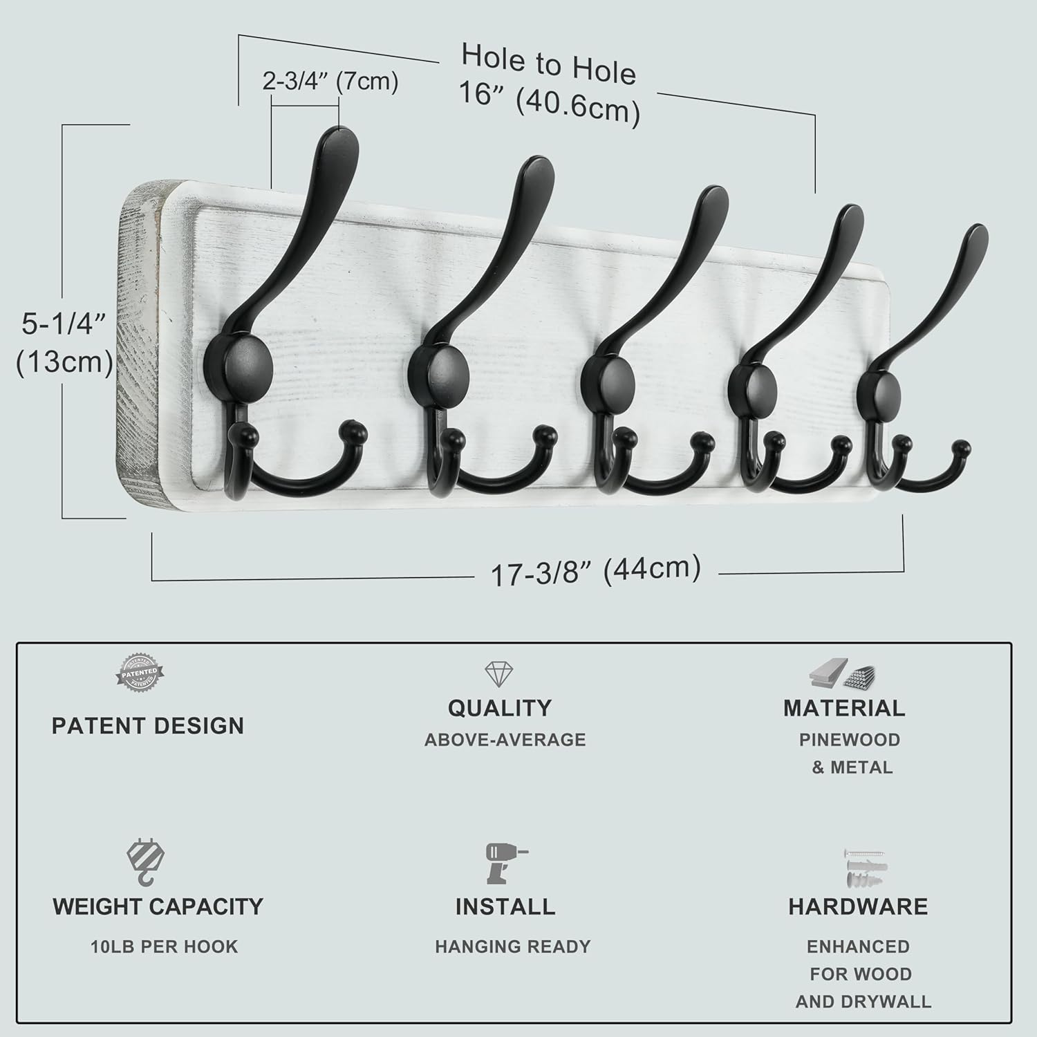 Dseap Coat Rack Wall Mounted - 5 Tri Hooks, Heavy Duty, Wooden Wall Coat Hanger Coat Hook for Clothes Hat Jacket Clothing, White & Black