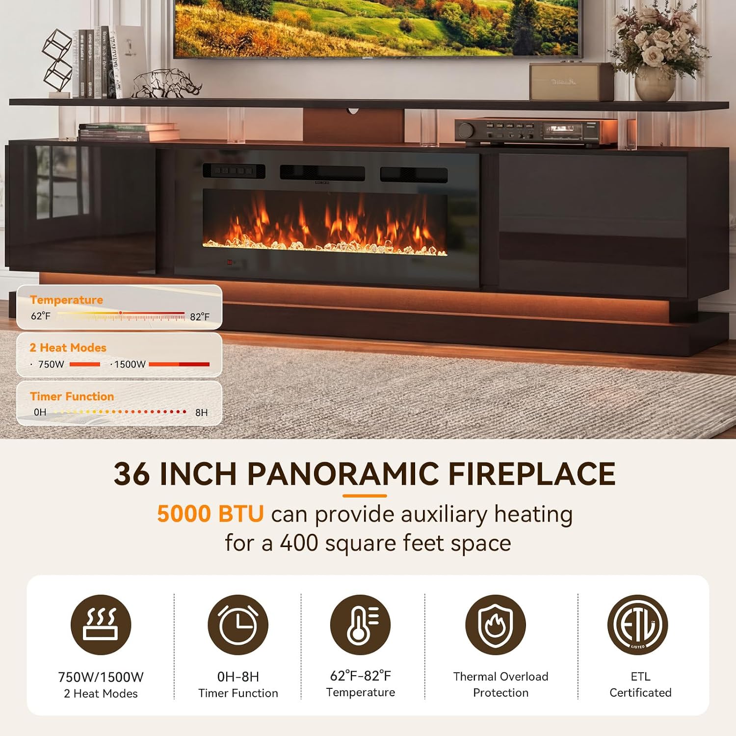 80" Modern Fireplace TV Stand for TVs up to 80", Black Entertainment Center with Black Electric Fireplace,Storage Cabinets&Adjustable LED Light&WiFi, Media Console for Living Room