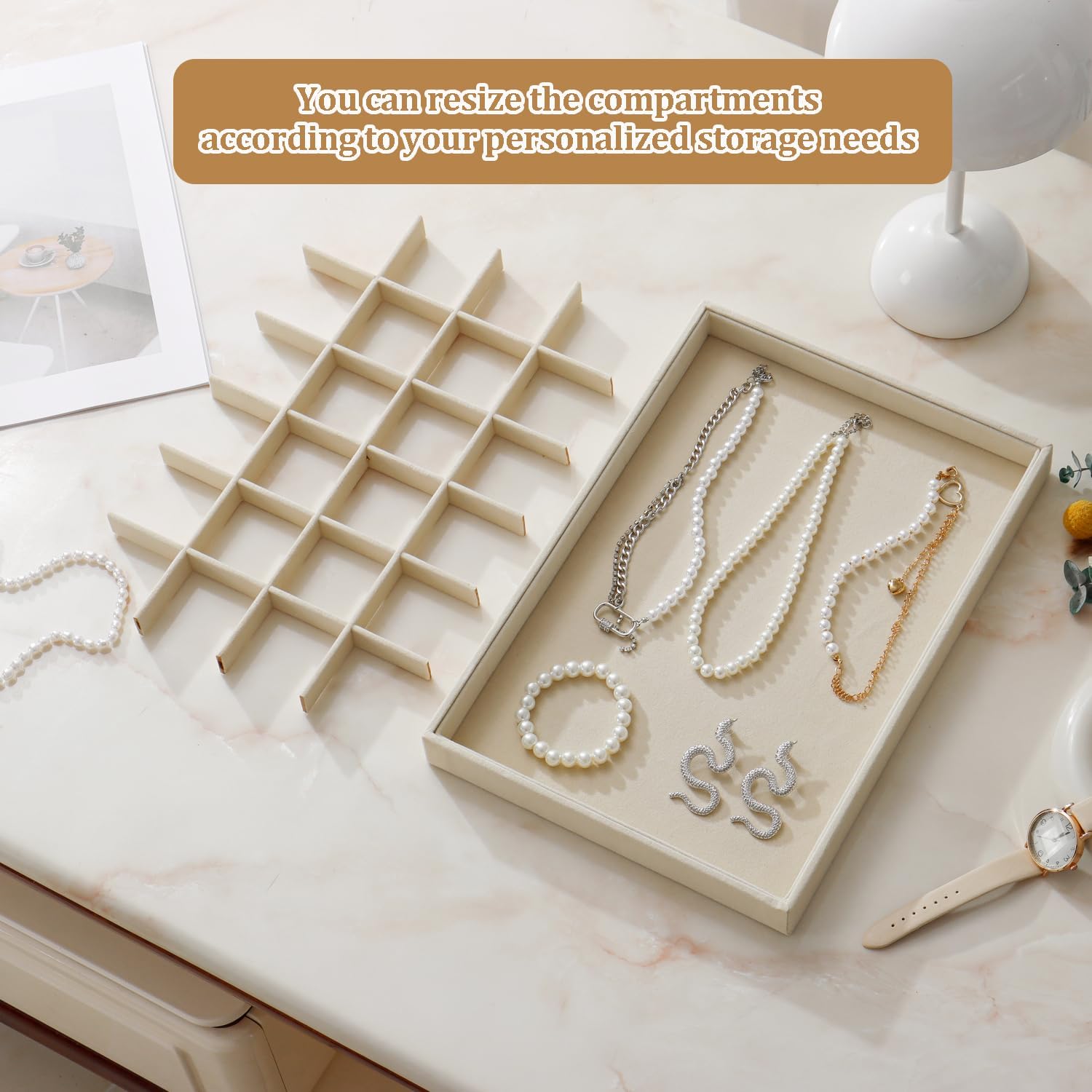 Large Velvet Jewelry Tray 2 Pack Stackable Jewelry Display Drawer Inserts Trays Organizer for Earring Bracelet Necklace Ring (Beige, 24 Grids)
