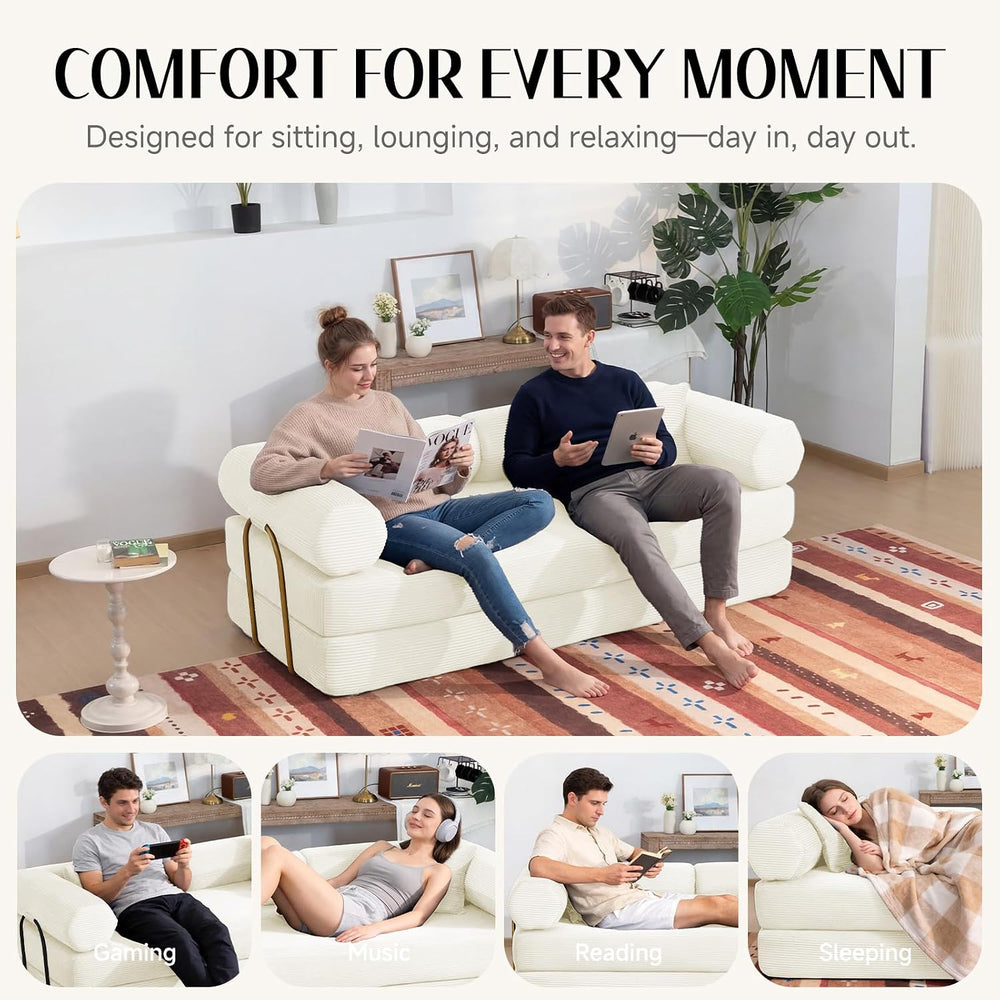 79" Corduroy Sofa Bed, Couch in a Box with 2 Pillows, High-Density Foam ...