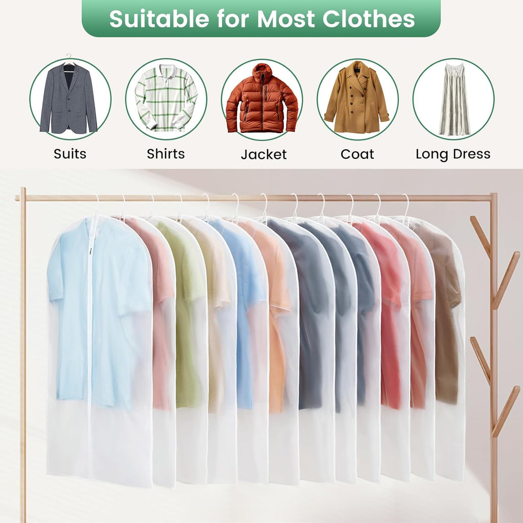 Carbrea 12 Pack Translucent Garment Bags for Hanging Clohes - 24" x 42" | Thick PEVA Materials, Smooth Zipper, with Zipper Protection, Breathable, Washable, Reusable, for Closet Storage, Travel Use