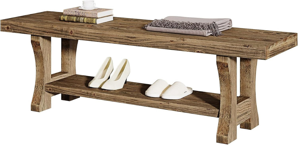 Solid Wood Storage Bench, Farmhouse Entryway Bench, Long Indoor Dining Seat for Hallway, Bedroom, Living Room, Dining Room, Easy Assembly, Dark Brown