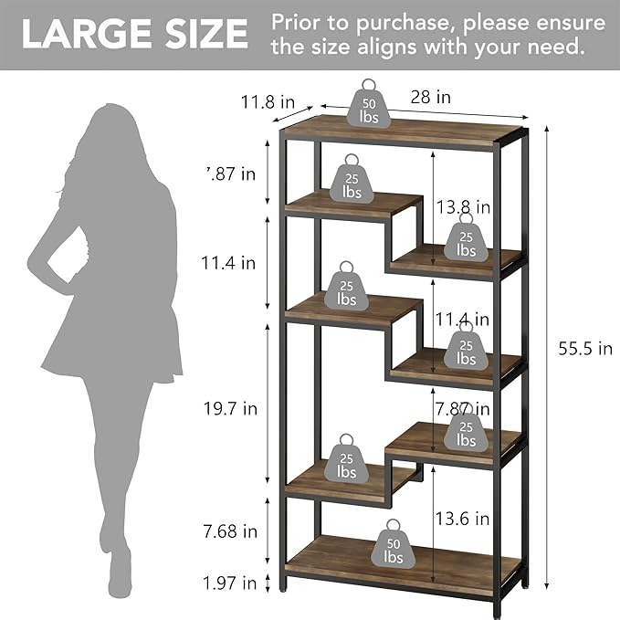 Solid Wood Industrial Tall Bookshelf - 7 Tier Staggered Bookshelves, 55’’H Rustic Brown Vintage Bookcase, Free Standing Open Bookshelf, Shelving Units Organizer for Bedroom Office Living Room.
