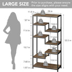 Solid Wood Industrial Tall Bookshelf - 7 Tier Staggered Bookshelves, 55’’H Rustic Brown Vintage Bookcase, Free Standing Open Bookshelf, Shelving Units Organizer for Bedroom Office Living Room.