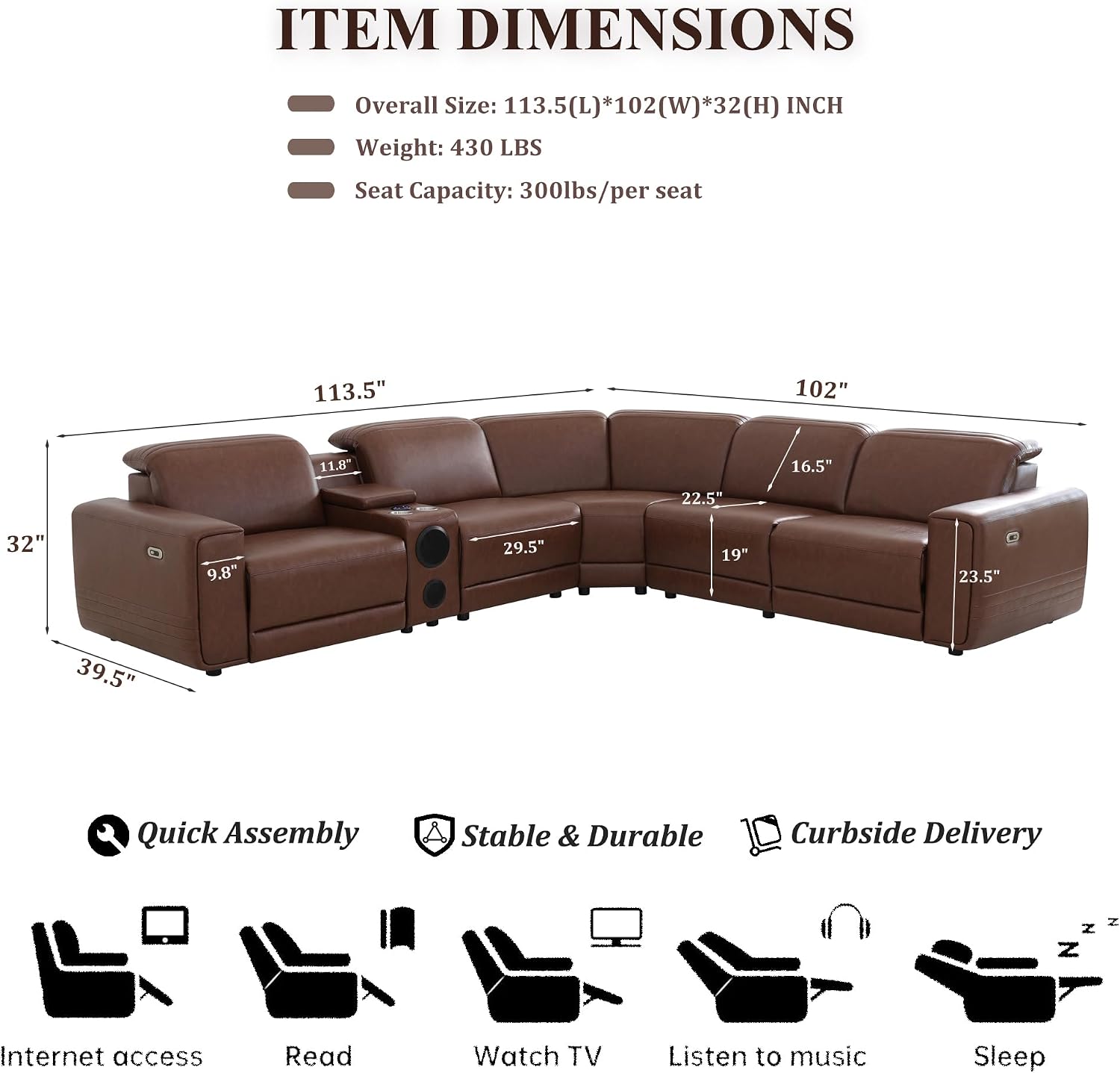 Power Recliner Sectional Sofa, L-Shaped Living Room Furniture Set, Reclining Sectional Couch with Storage Console/Cup Holder for Living Room/House/Apt (Brown, 5 Seater)