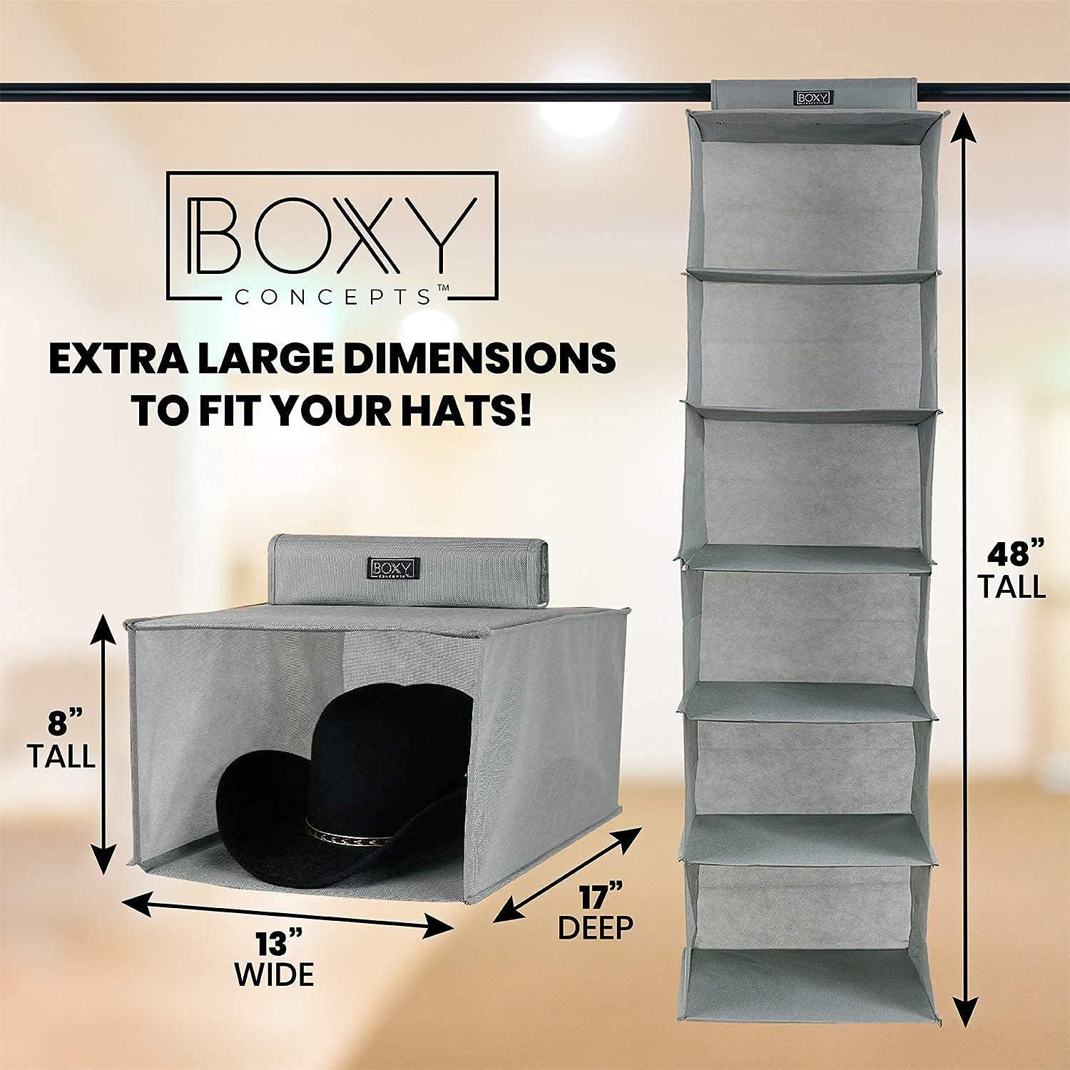 Boxy Concepts 6-Shelf Cowboy Hat Organizer Rack - 13in Wide X-Large Grey - Hat Rack for Wall Mount Hook & Loop - Soft Fabric Preserve Shape - Baseball Cap Organizer