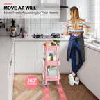 EAGMAK 3 Tier Utility Rolling Cart, Metal Storage Cart with Handle and Lockable Wheels, Multifunctional Storage Organizer Trolley with Mesh Baskets for Kitchen, Living Room, Office, Garage (Pink)