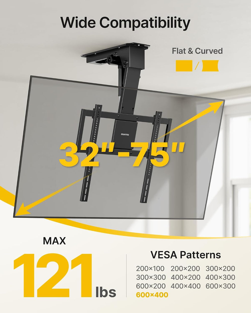 monTEK Motorized Ceiling TV Mount for 32-75 Inch TVs, Holds up to 121 lb | Lo...