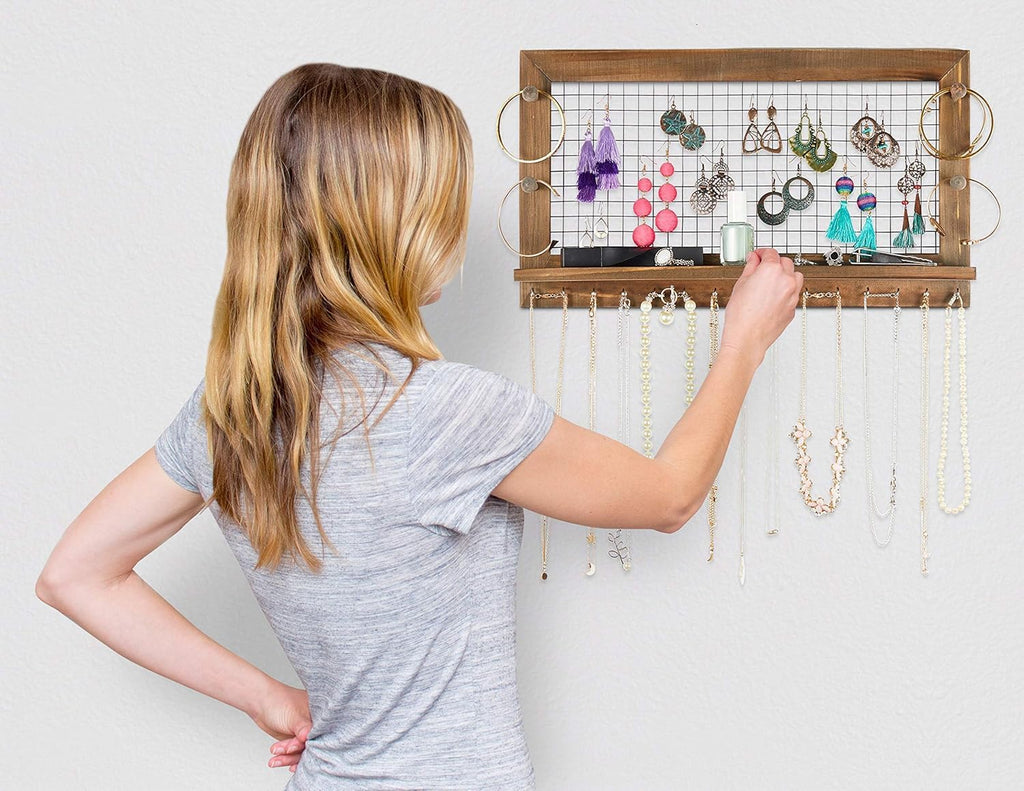 Rustic Jewelry Organizer Wall Mount with Bracelet Pegs-Necklace Holder Earring Hanger-Hanging Mounted Wooden Shelf to Display Earrings Necklaces and Accessories
