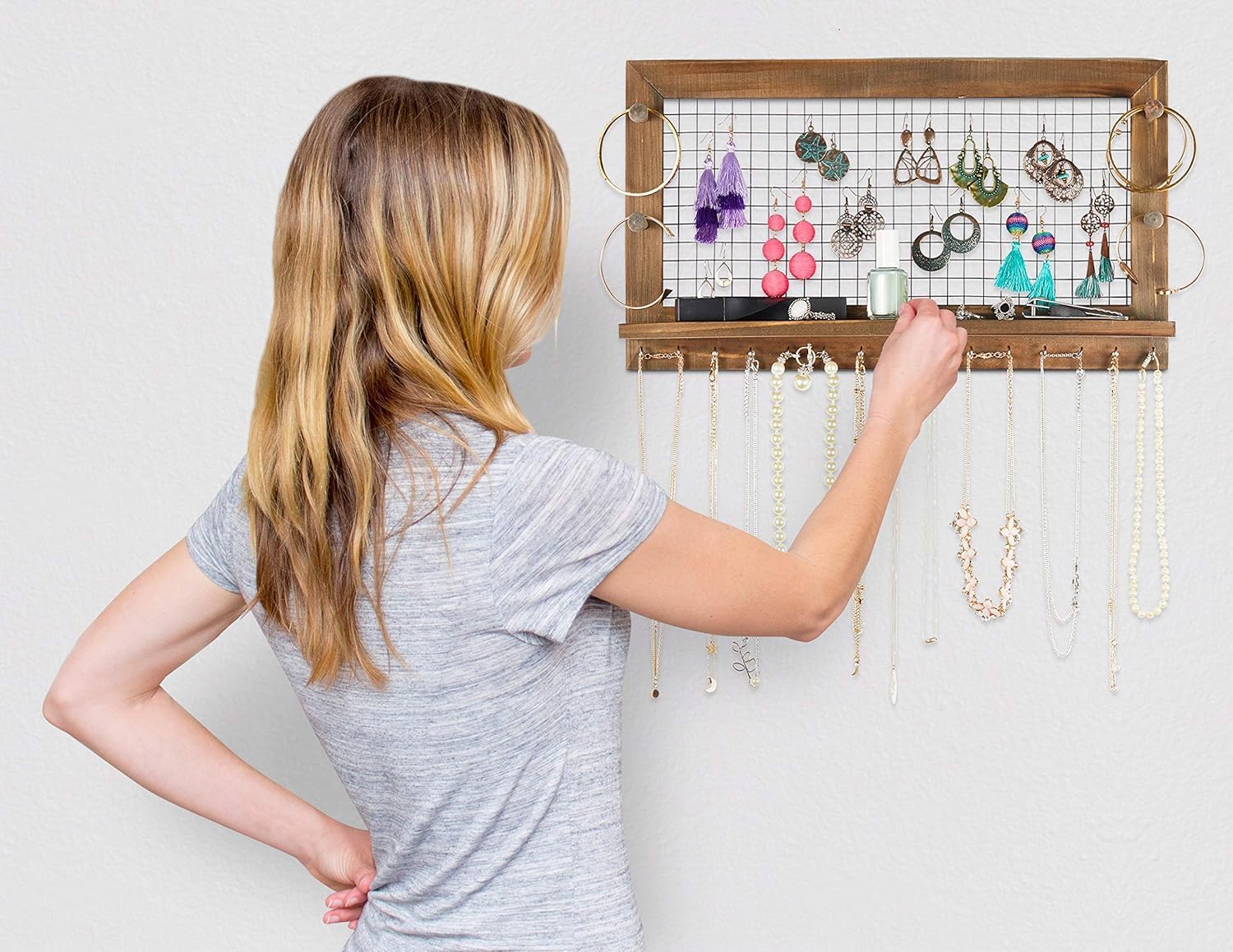 Rustic Jewelry Organizer Wall Mount with Bracelet Pegs-Necklace Holder Earring Hanger-Hanging Mounted Wooden Shelf to Display Earrings Necklaces and Accessories