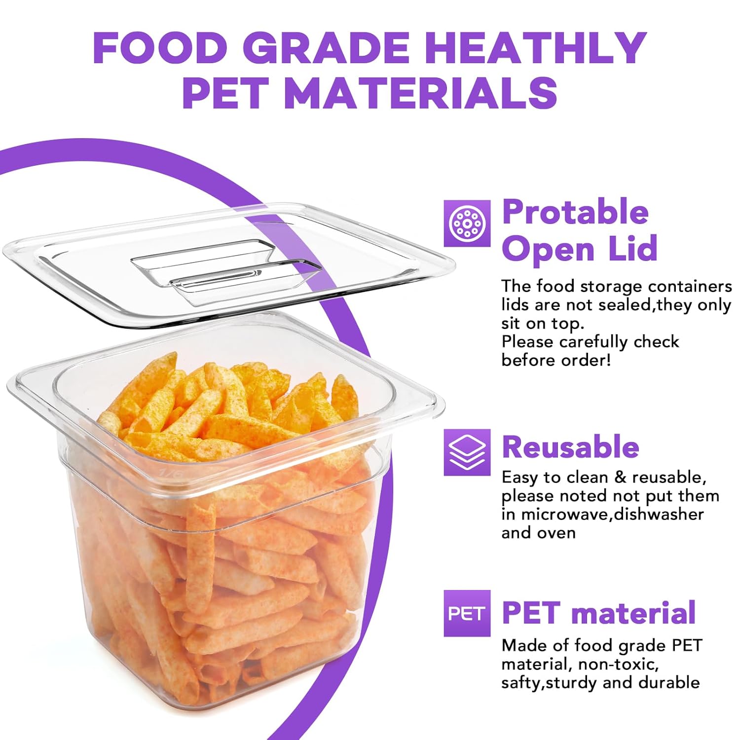 VOISEN 6 Pack Plastic Food Pan with Lids 1/6 Size 6 Inch Deep Commercial Food Storage Containers for Fridge Salad Fruits Vegetables Clear Restaurant Polycarbonate