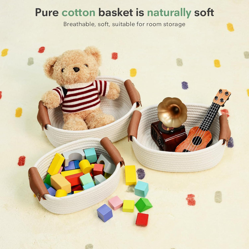 ECDYQXVU Small Woven Storage Baskets Cute Cotton Rope Basket Set 5 Pack | 5 Sizes Set, Leather Handles, Keeps Shape, Easy to Clean, Living Room, Bathroom, Drawer Organizer, Socks, Cosmetics, Decor