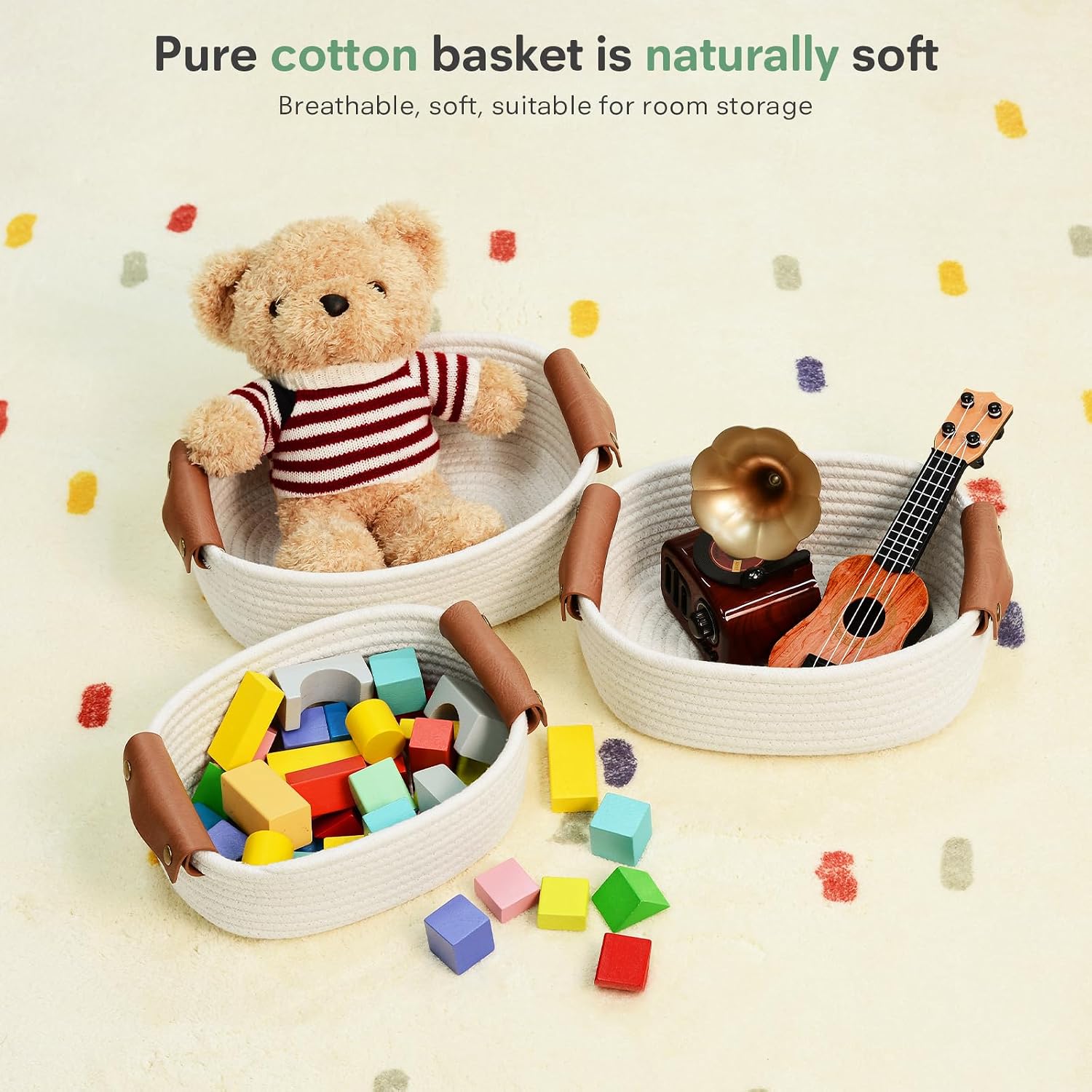 ECDYQXVU Small Woven Storage Baskets Cute Cotton Rope Basket Set 5 Pack | 5 Sizes Set, Leather Handles, Keeps Shape, Easy to Clean, Living Room, Bathroom, Drawer Organizer, Socks, Cosmetics, Decor