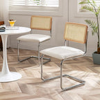 Zesthouse Natural Rattan Dining Chairs Set of 4, Modern Kitchen Chairs with Solid Wood Back for Dining Room Living Room, Mid Century Breuer Design Inspired, Upholstered Boule Fabric, White