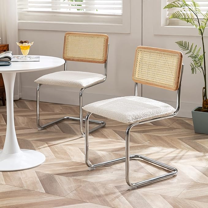 Zesthouse Natural Rattan Dining Chairs Set of 4, Modern Kitchen Chairs with Solid Wood Back for Dining Room Living Room, Mid Century Breuer Design Inspired, Upholstered Boule Fabric, White