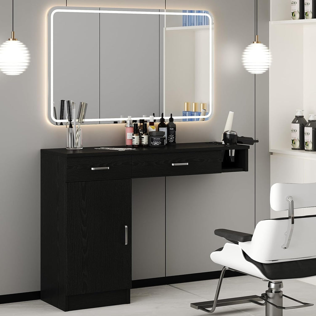 4ever2buy Salon Stations for Hair Stylist, Wall Mount Barber Station with Barber Cabinet, Hair Station Equipment Hair Dryer Holder, Drawers, Mirror not Included, Black