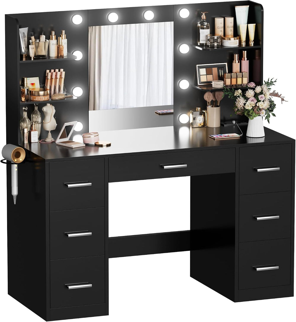 Makeup Vanity Desk with Mirror and 10 Lights, Table with 7 Drawers and 4 Open...