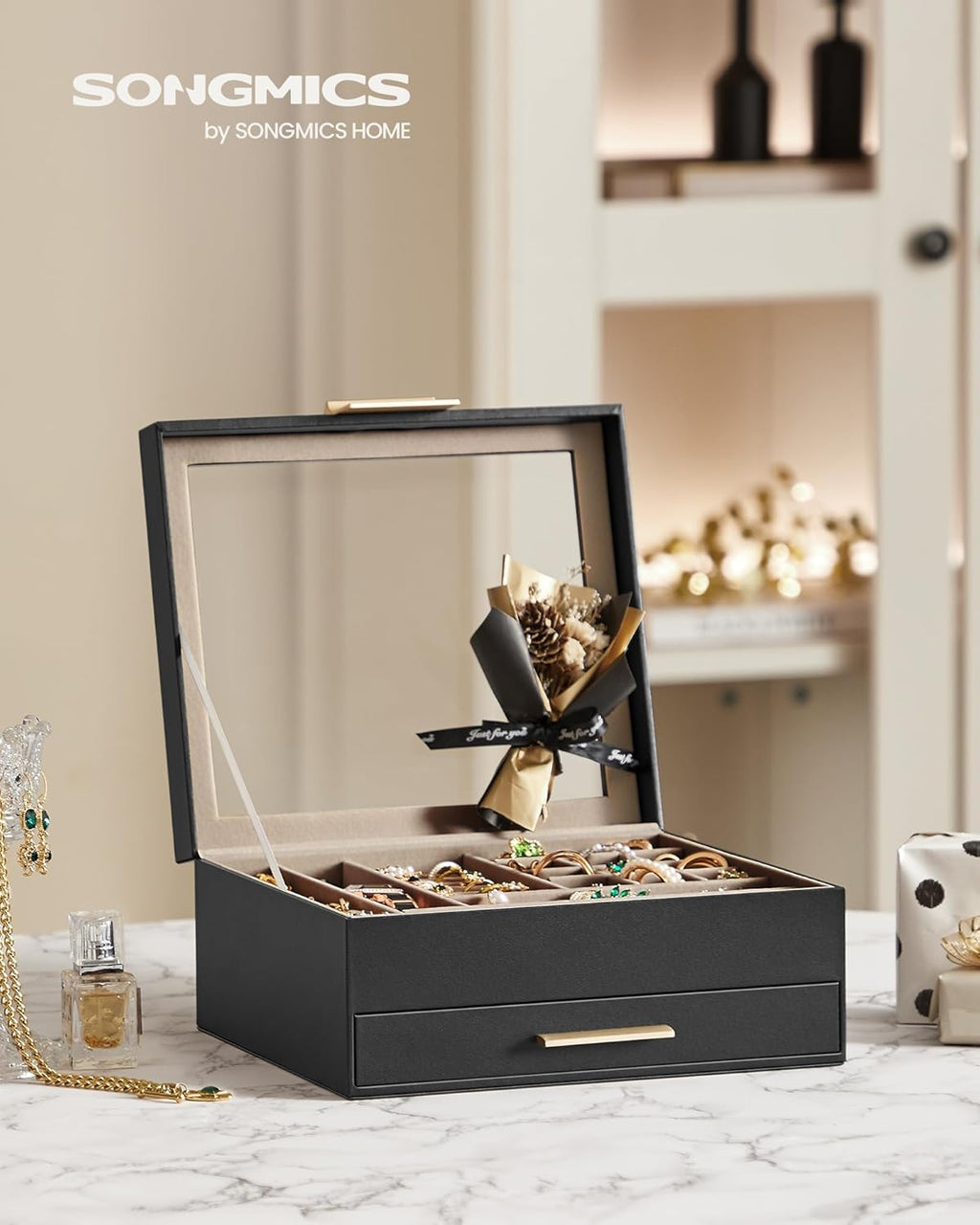 SONGMICS Jewelry Box Organizer with Glass Lid, 2-Layer Jewelry Storage, with 1 Drawer, Modern Style,Christmas Gift, 8 x 9.1 x 4.1 Inches, Graphite Black and Gold Color UJBC174B01