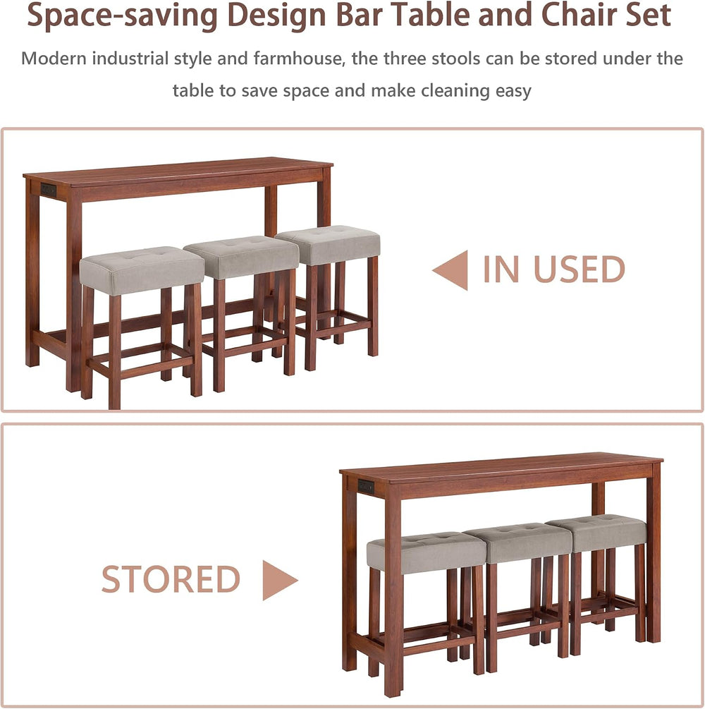 Merax 59 Inch Industrial Bar Table Set with Power Outlet & 3 Stools, Kitc...