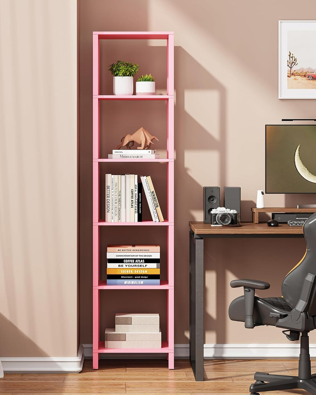 TUTOTAK Bookshelf, 6-Tier Tall Narrow Book Shelf for Small Space | 10.7 x 14.5 x 65.3 Inches Skinny Display Shelf with Storage for Living Room, Office, Study, Entryway, Pink BS01BP006