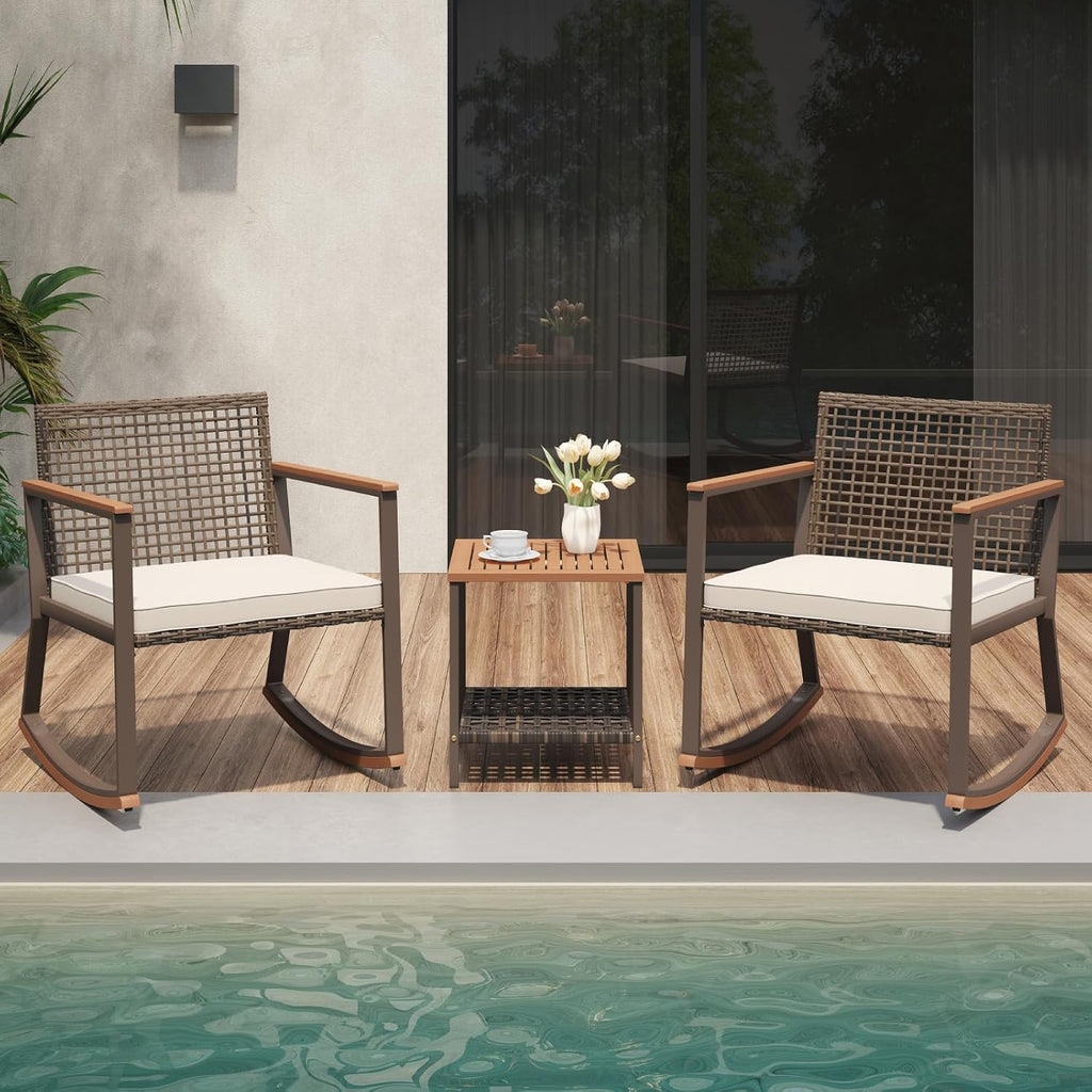 Verano Garden 3 Pieces Rocking Bistro Set, Conversation Bistro Set | Outdoor Chairs and Table Set, Wood Armrest, Soft Cushions, Small Porch Set, Balcony Set, Garden, Patio, Yard, Mix Brown