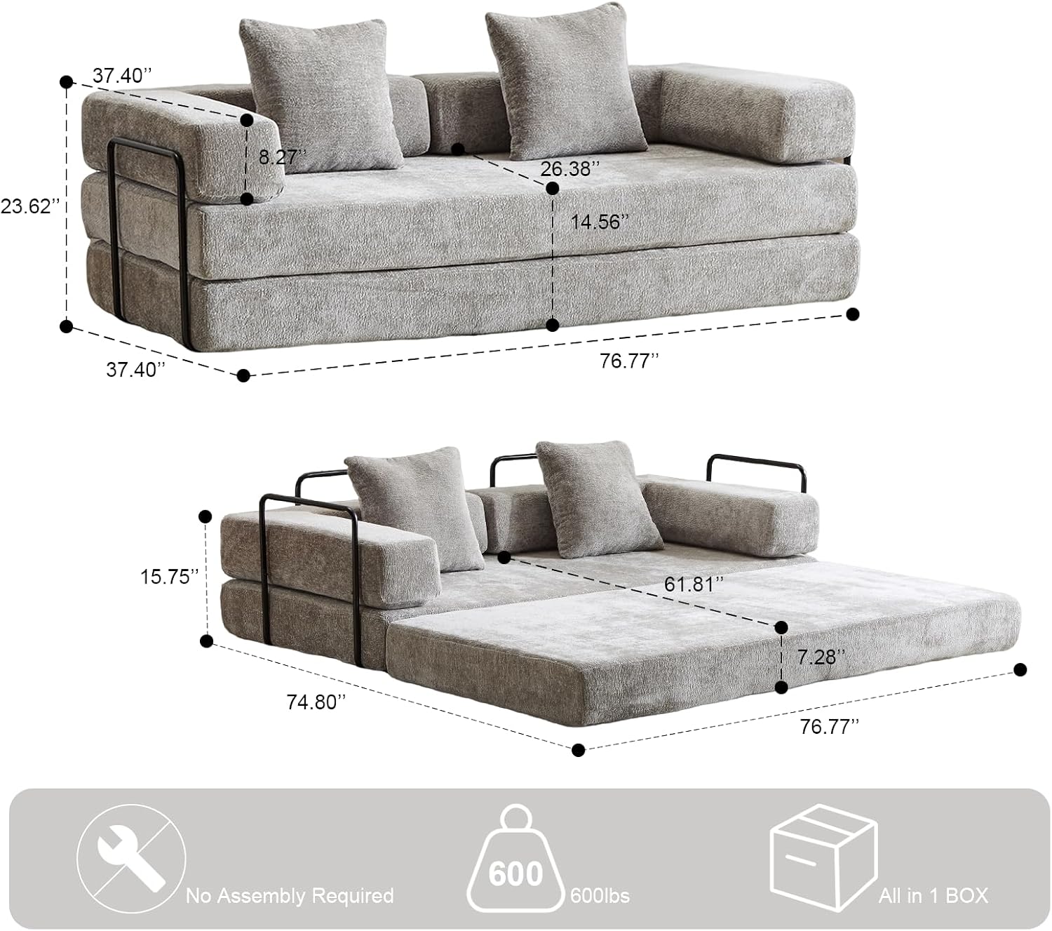 ZEIINPA Convertible Floor Sofa Bed with Fixed-Shape Frame, Modular Chenille Folding Mattress Couch with Armrest, Floor Sofa Lounge Couch for Living Room Bedroom Lounge Studio,Light Gray