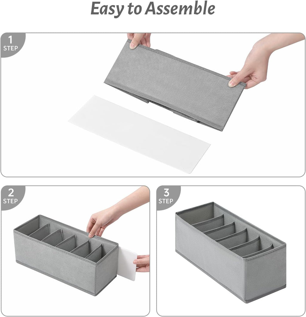 3 Packs Fabric Belt Organizer for Closet and Drawer, Foldable 6 Grids Dresser Drawer Organizers, Belt Tie Holder, Tie Box-Grey